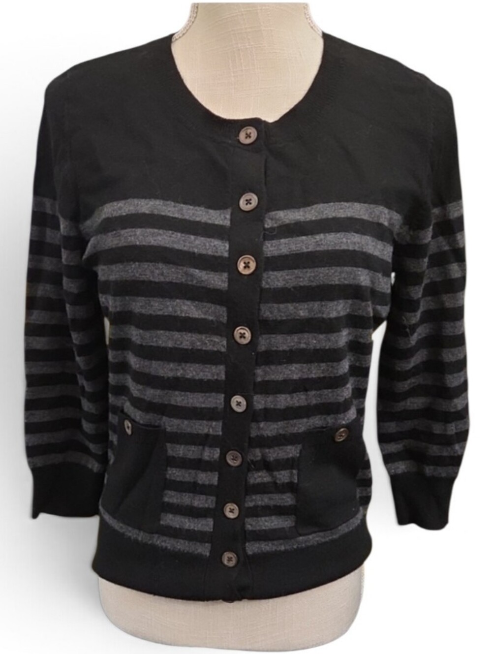 Only Mine Black and Gray Striped Button-Front Merano Wool Cardigan Sweater
